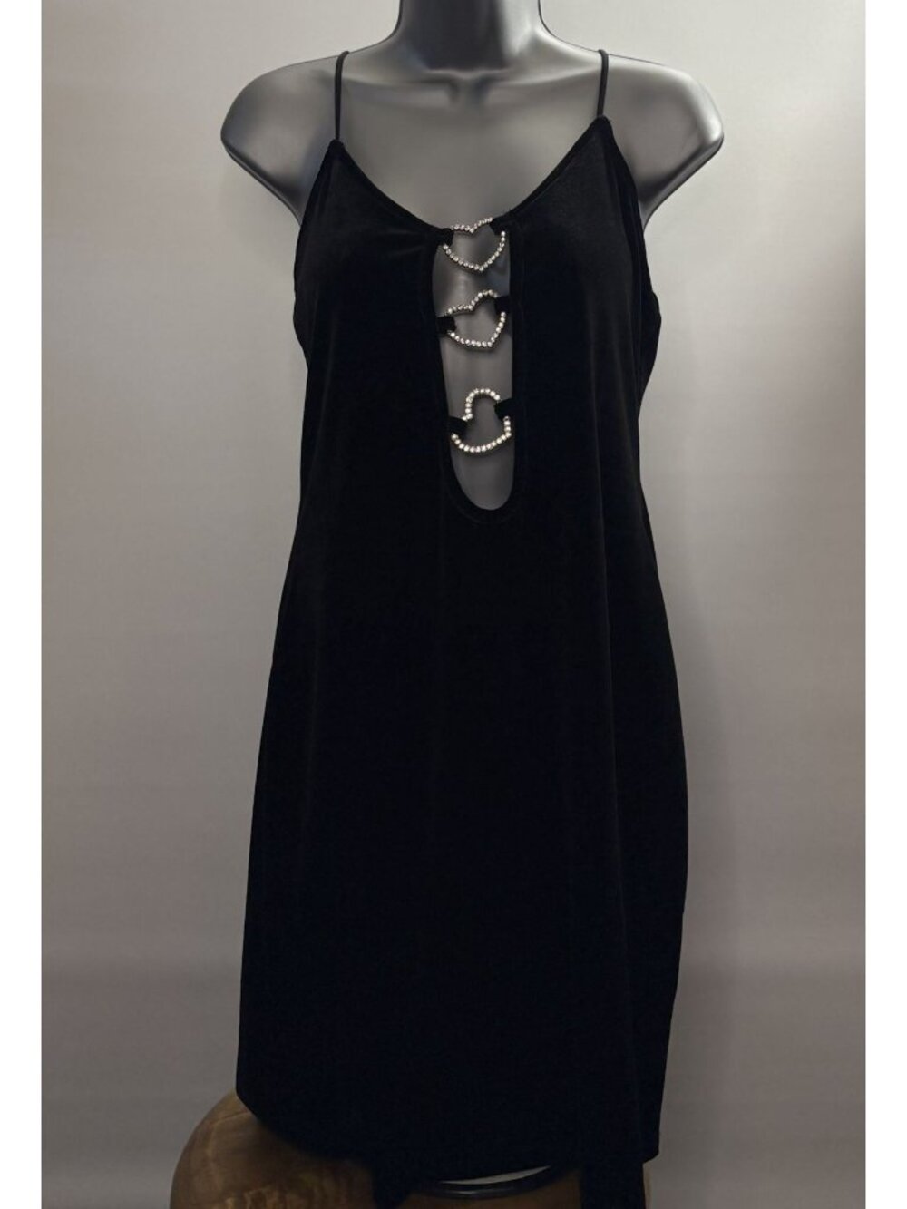SHEIN Black Velvet Mini Sexy Rhinestone Heart Cutouts Spaghetti Straps Dress - Picture 3 of 16